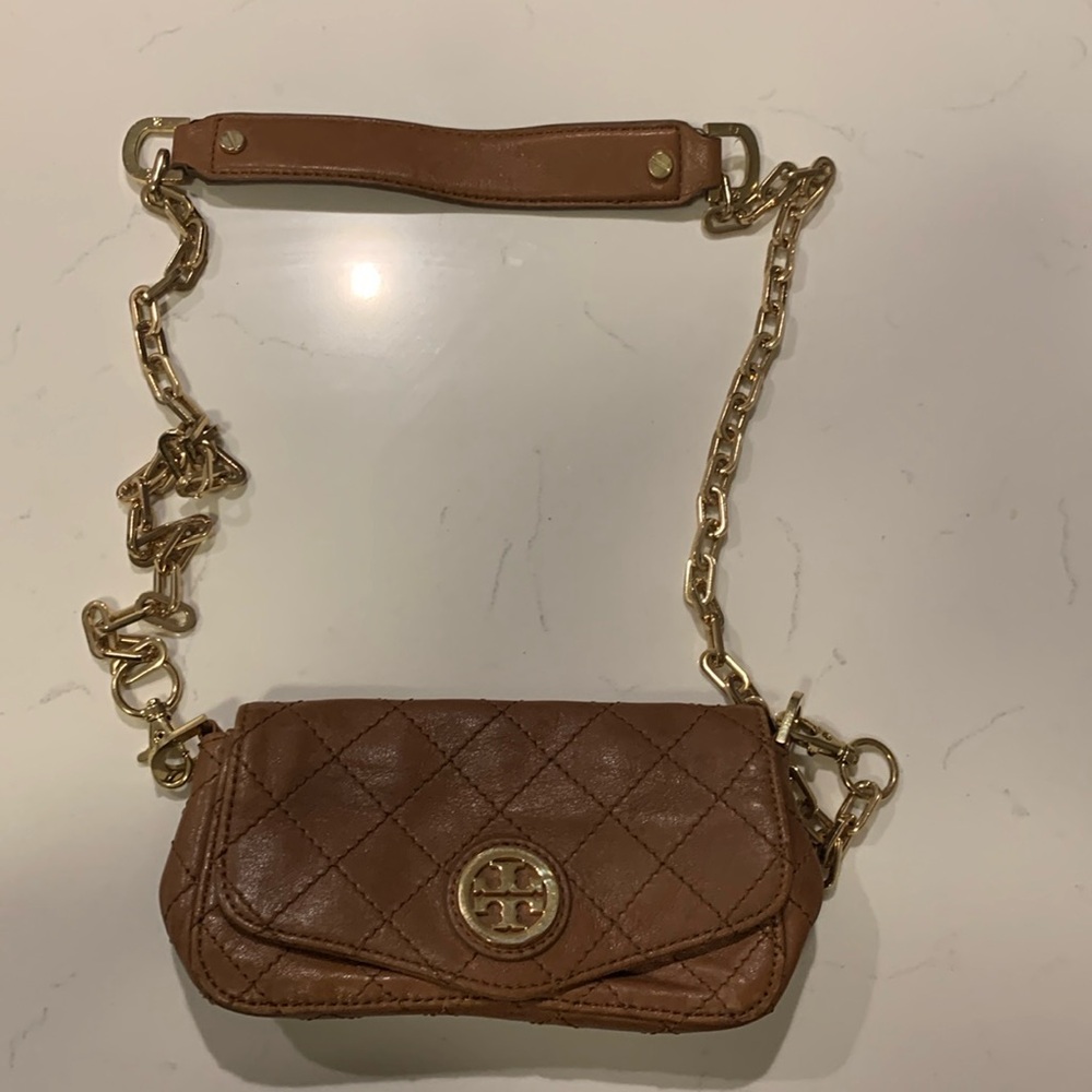Tory Burch brown quilted leather cross body bag with gold chain